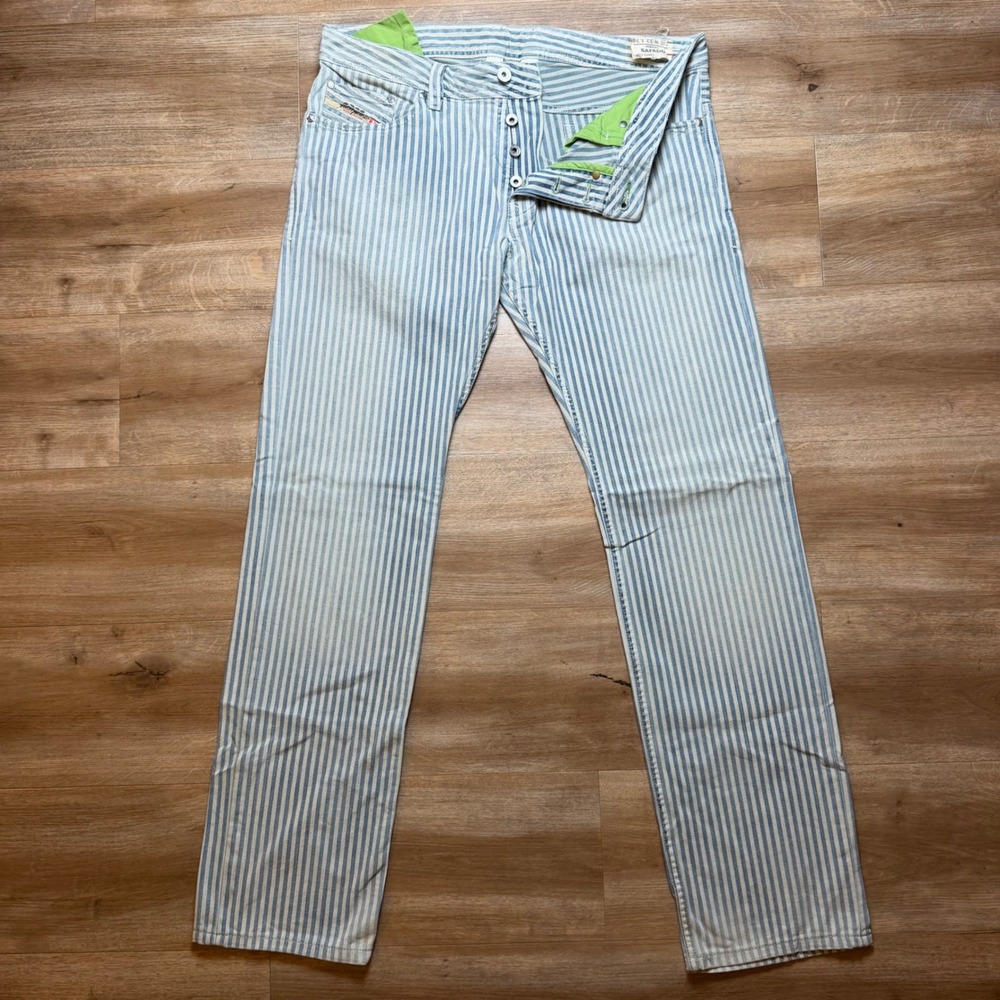 Diesel Safado Jeans Mens 33x34 Blue White Pin Striped Denim Slim Straight 008ET